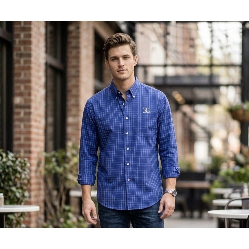 VESI Mens Duke Blue Devils Shirt Large Blue Plaid Button Down Cotton NCAA L